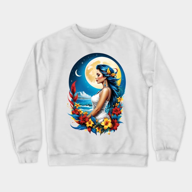 Lunar Elegance: Enchanting Woman Under the Full Moon Crewneck Sweatshirt by AlexBRD